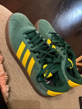 adidas Green Suede Sneakers with Yellow Stripes and Gum Sole
